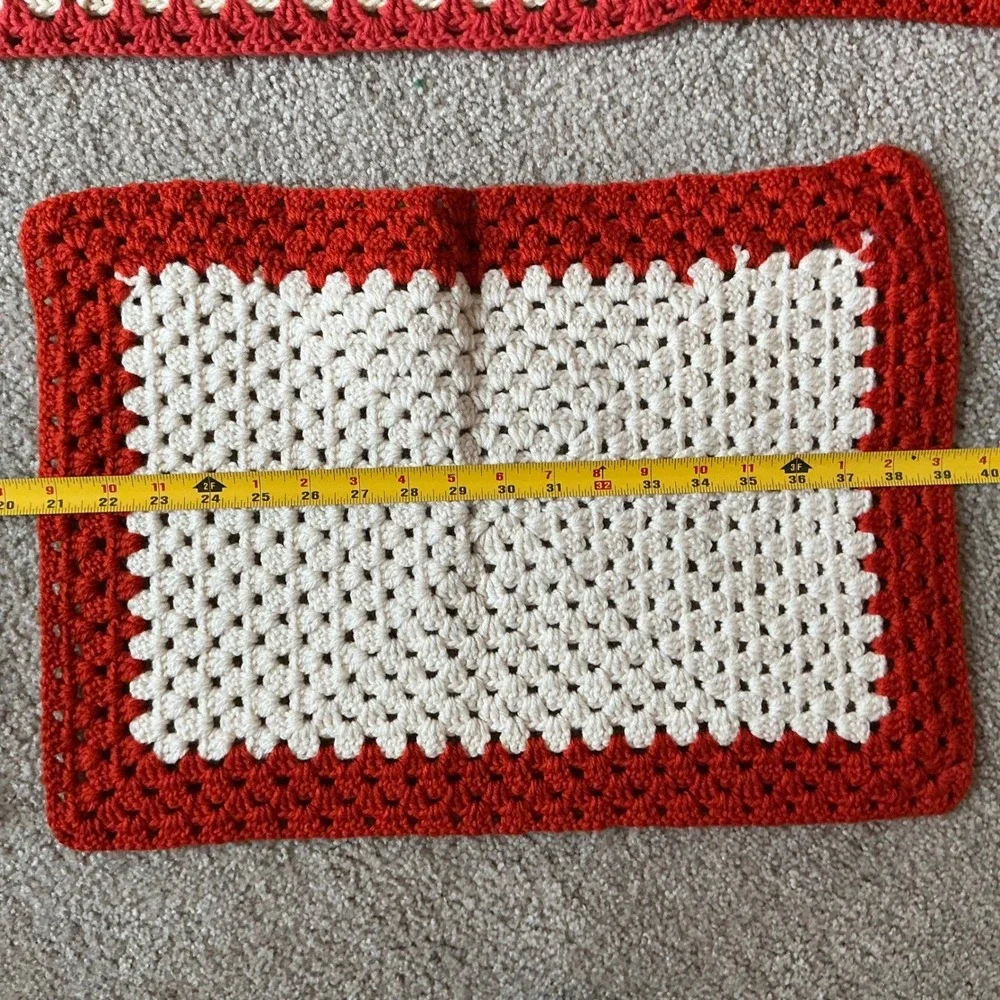 Hand Crocheted Table Runner & 2‎ Placemats Set Red Cream Cottagecore Farmhouse